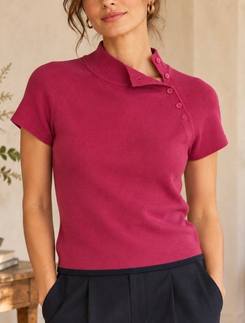 Maeve by Anthropologie Magenta Mock Neck Short Sleeve Sweater S